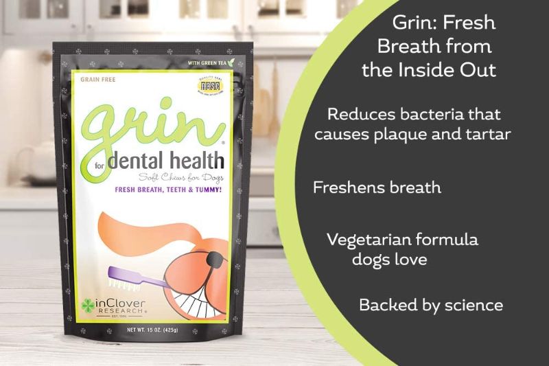 Photo 2 of  2 pack In Clover Grin Daily Dental Care Chews for Dogs, Grain Free Formula for Clean Teeth and Fresh Breath, Scientifically Formulated, Stop Plaque and Tartar with Antibacterials and Prebiotics, 4oz/25ct