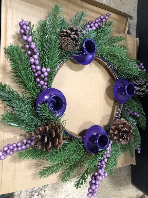 Photo 2 of [Safety Fire Retardant] Christmas Purple Advent Wreath Decoration, Realistic Spruce Christmas Centerpiece with 4 Candle Holder Pinecone 6 Berry Advent Decor for Table Holiday Home Church (No Candles) 2pack