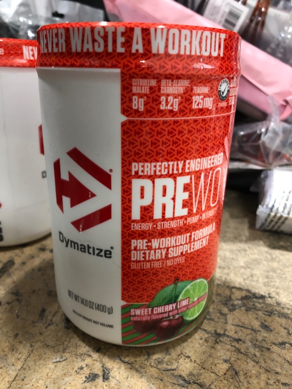 Photo 3 of EXP: 08.2023 Dymatize Pre Workout Powder with Caffeine, Maximize Energy, Strength & Endurance, Amplify Intensity of Workouts, Sweet Cherry Lime, 14.11 Oz