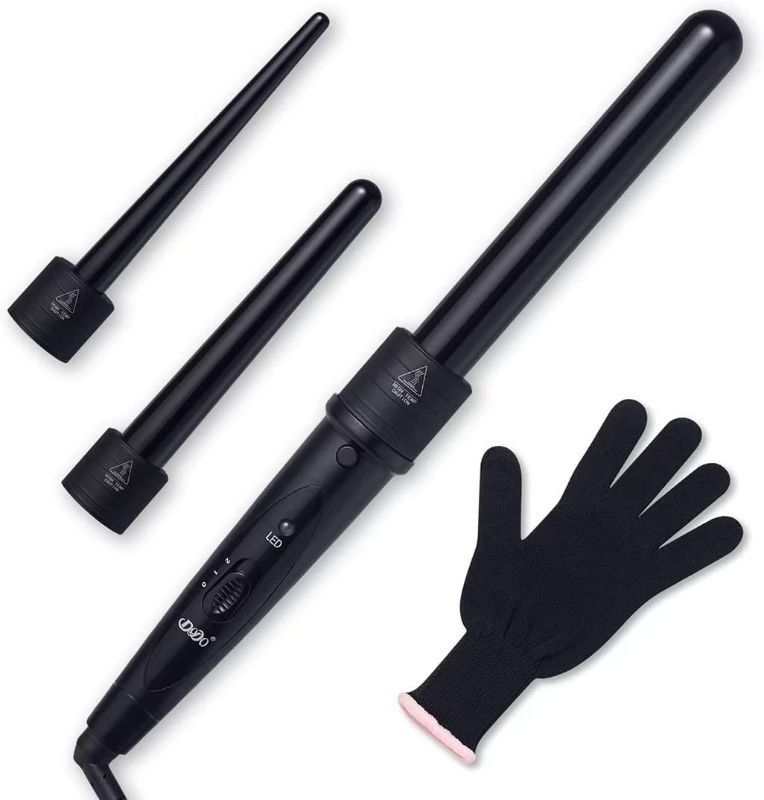 Photo 2 of 3 in 1 Curling Wand Set with 3 Interchangeable Curling Iron Ceramic Barrels with Heat Resistant Glove – Black