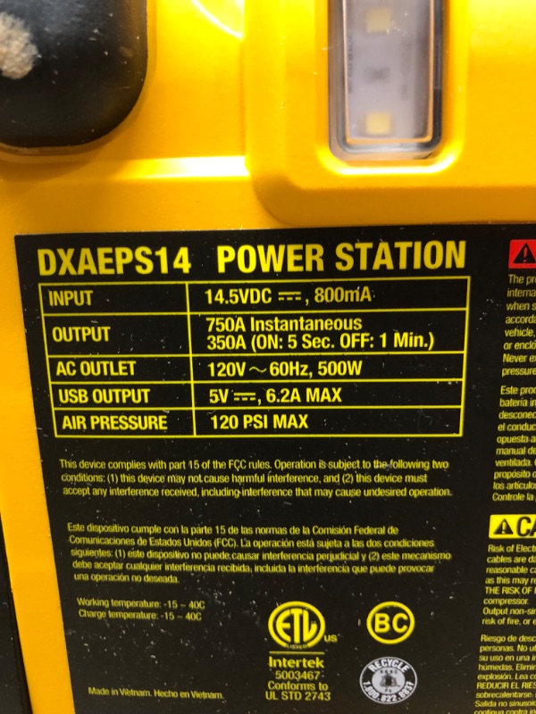 Photo 1 of *SEE NOTES*  DEWALT DXAEPS14 1600 Peak Battery Amp 12V Automotive Jump Starter/Power Station with 500 Watt AC Power Inverter, 120 PSI Digital Compressor, and USB Power , Yellow
