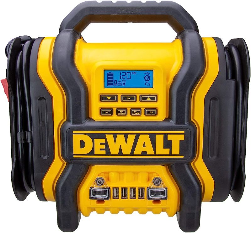 Photo 1 of *SEE NOTES*  DEWALT DXAEPS14 1600 Peak Battery Amp 12V Automotive Jump Starter/Power Station with 500 Watt AC Power Inverter, 120 PSI Digital Compressor, and USB Power , Yellow
