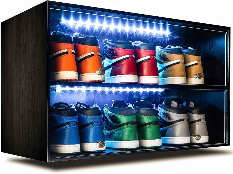 Photo 1 of **MISSING HARDWARE**
Sneaker Throne Shoe Rack with Lights for Up To 6 Pairs of Shoes, Black - Sleek Wood Shoe Shelf 