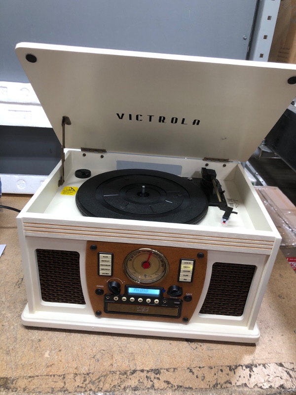 Photo 2 of Victrola 8-in-1 Bluetooth Record Player & Multimedia Center, Built-in Stereo Speakers - Turntable, Wireless Music Streaming, Real Wood | White White Entertainment Center