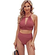 Photo 1 of ERASHE Women's Lace Up Bikini Set Solid Color Cutout Front High Waisted Swimwear MEDIUM