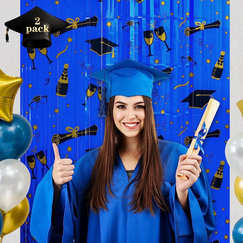 Photo 1 of  4 pack* MENSTARSI Graduation Themed Foil Fringe Curtains, Graduation Party Decorations 2023, 2 Pack 3.3 x 6.6 ft Blue Photo Booth Props, Streamer Backdrop for High School, College, University Graduation Party