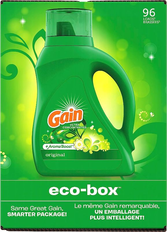 Photo 1 of 
Gain Laundry Detergent Liquid Soap Eco-Box, Ultra Concentrated High Efficiency (HE), Original Scent, 96 Loads