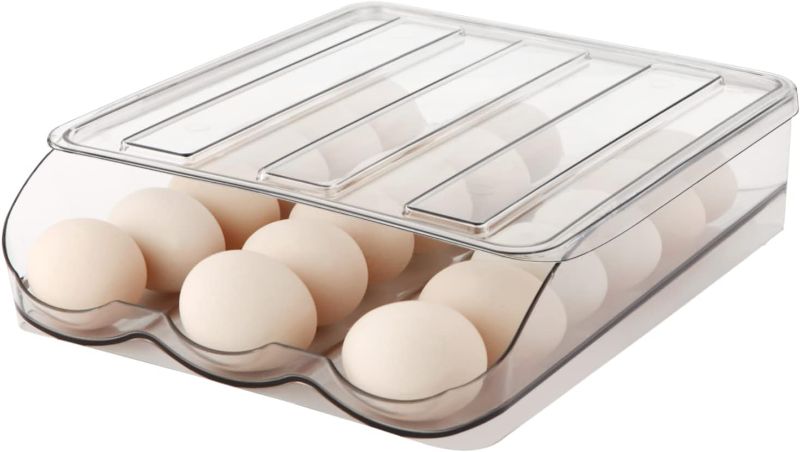 Photo 1 of  Egg Holder for Refrigerator, Automatically Rolling Egg Storage Container for Refrigerator,Large Capacity Egg Organizer for Fridge with Lid,Clear Plastic Egg Dispenser,Egg Tray & Bin -1 Layer