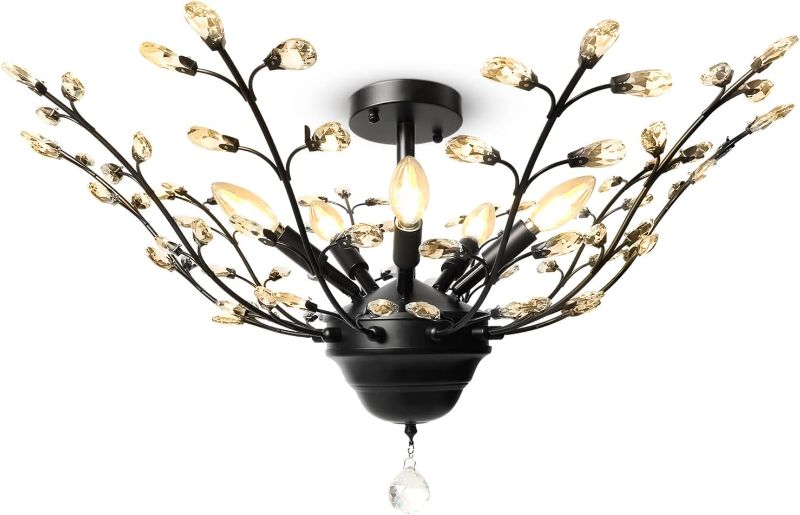 Photo 1 of Unicozin Vintage 5 Lights Clear Crystal Branch Chandelier, Flush Mount Pendant Light E12 Base, Ceiling Light Fixture for Living Room, Dining Room, Restaurant, Porch, Hallway (Matte Black)