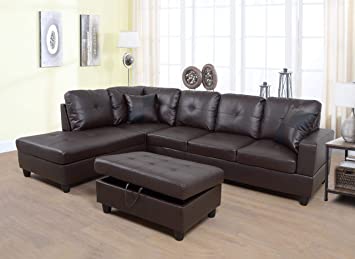 Photo 1 of **INCOMPLETE MISSING BOXES**3 PC Sectional Sofa Set, (Brown) Faux Leather Right -Facing Chaise + Free Storage Ottoman
