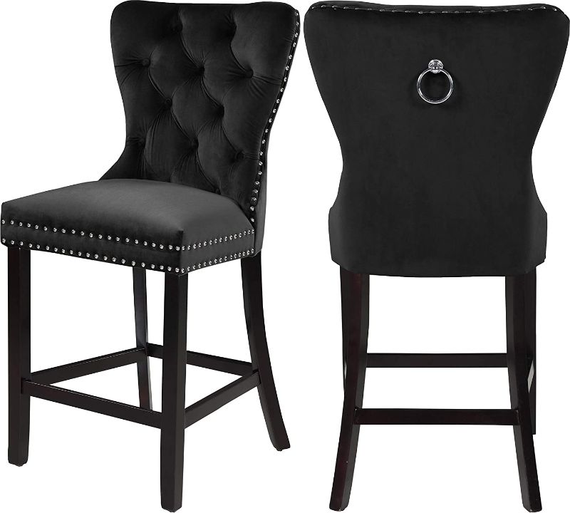 Photo 1 of **DAMAGED** Meridian Furniture Nikki Collection Modern | Contemporary Velvet Upholstered Counter Stool with Wood Legs, Button Tufting, and Chrome Nailhead Trim, Set of 2, Black, 21" W x 24.5" D x 43" H
