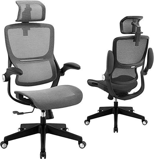 Photo 1 of Office Chair Ergonomic Desk Chair - Mesh High Back 3D Lumbar Support Computer Chair, Adjustable Height & Headrest, Swivel Executive Chair with Flip-Up Armrests, Reclining Home Office Desk Chair, Grey ***PARTS ONLY***
