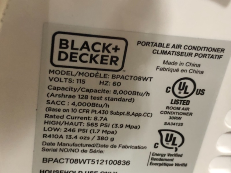 Photo 6 of **minor damaged-view photos for detail**
BLACK+DECKER 8,000 BTU Portable Air Conditioner with Remote Control, White
