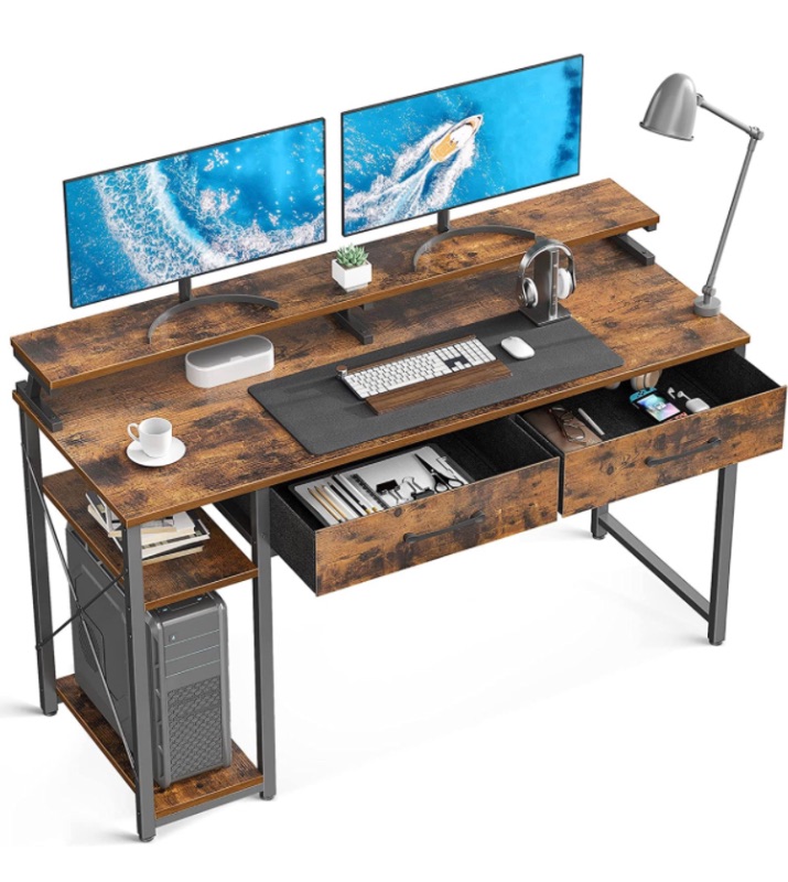 Photo 1 of ODK Computer Desk with Drawers and Storage Shelves, 47 inch Home Office Desk with Monitor Stand, Work Study PC Desk for Small Spaces, Rustic Brown