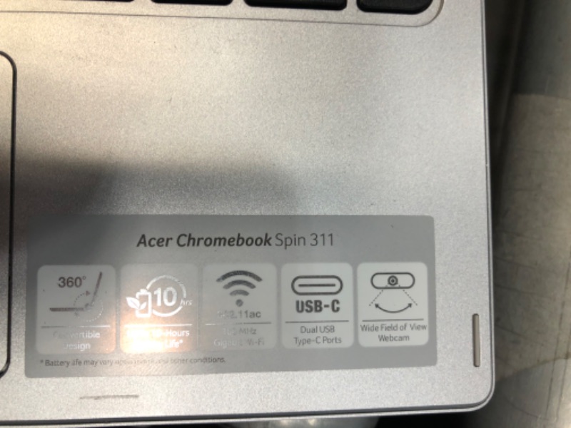 Photo 10 of Acer Chromebook Spin 311 Convertible Laptop | Intel Celeron N4000 | 11.6" HD Touch Corning Gorilla Glass Display | 4GB LPDDR4 | 64GB eMMC | Intel 802.11ac Gigabit WiFi 5 | Chrome OS | CP311-2H-C7QD