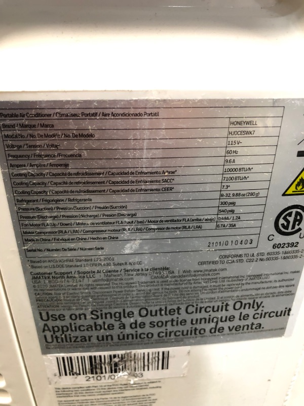 Photo 2 of ***MISSING COMPONENTS/COSMETIC DAMAGE*** 10,000 BTU Honeywell Portable Air Conditioner with Dehumidifier & Fan Cools Rooms Up To 450 Sq. Ft. with Remote Control, HJ0CESWK7 (Black/White)
