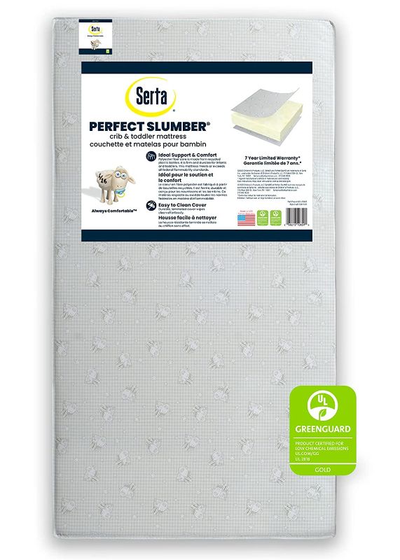 Photo 1 of **minor slit**
Serta Perfect Slumber Dual Sided Crib and Toddler Mattress - Waterproof - Hypoallergenic - Premium Sustainably Sourced Fiber Core -GREENGUARD Gold Certified (Non-Toxic) -7 Year Warranty - Made in USA
