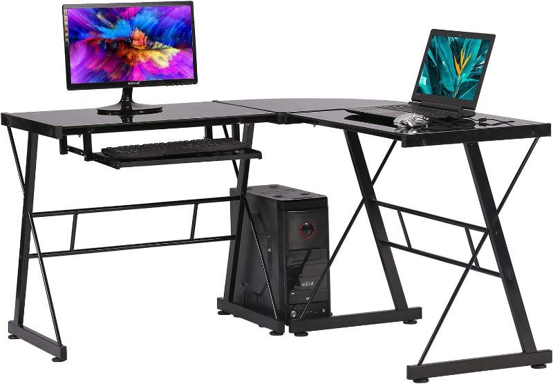 Photo 1 of **opened to verify parts**
FDW Computer Desk Gaming L Shaped Corner Writing for Small Spaces Home Office with Keyboard and CPU Stand Toughened Glass, Black
