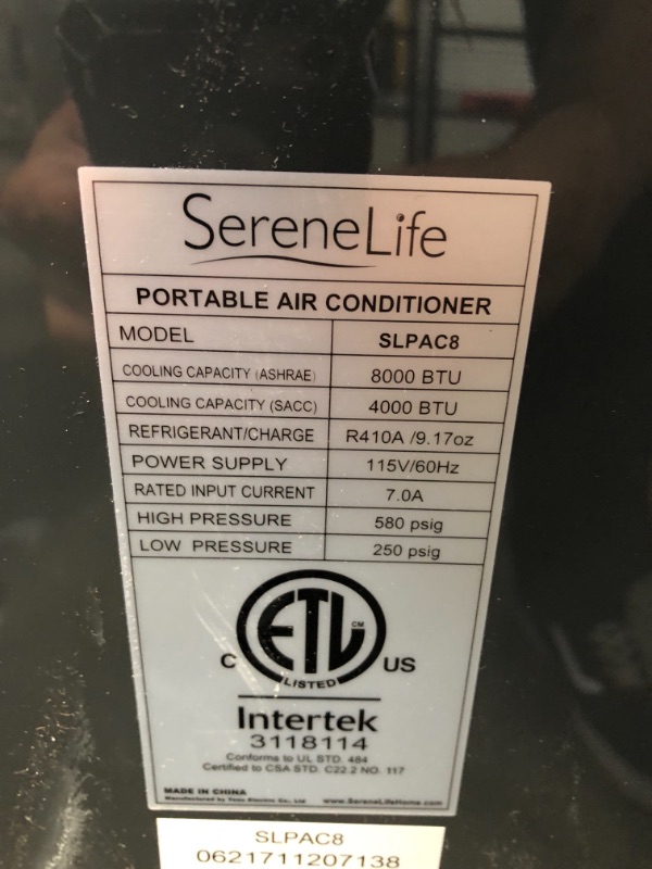 Photo 5 of **PARTS ONLY-NOT FUNCTIONAL-VIEW COMMENTS**
SereneLife SLPAC8 Portable Air Conditioner Compact Home AC Cooling Unit with Built-in Dehumidifier & Fan Modes, Quiet Operation, Includes Window Mount Kit, 8,000 BTU, White
