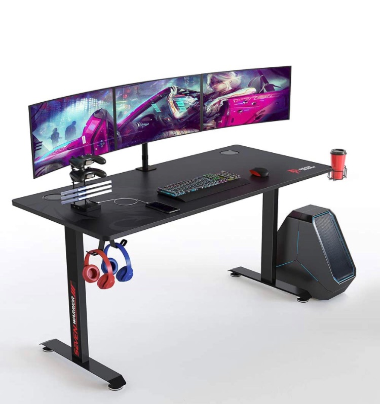 Photo 1 of SEVEN WARRIOR Gaming Desk 60 INCH, T- Shaped Carbon Fiber Surface Computer Desk with Full Desk Mouse Pad, Ergonomic E-Sport Style Gamer Desk with Double Headphone Hook, USB Gaming Rack, Cup Holder