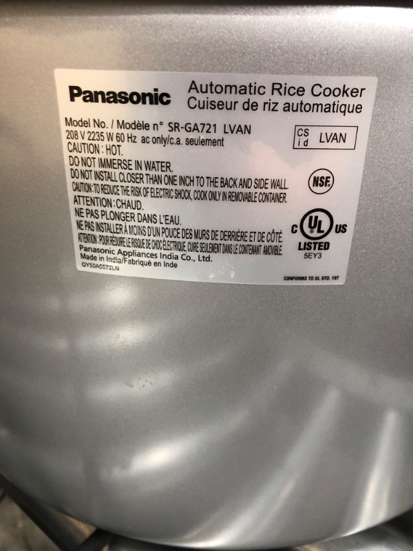 Photo 5 of *** USED*** UNABLE TO TEST*** Panasonic Commercial Rice Cooker, 208V Extra-Large Capacity 80-Cup (Cooked), 40-Cup (Uncooked) with One-Touch Operation - SR-GA721L - Silver 40 Cup 208V