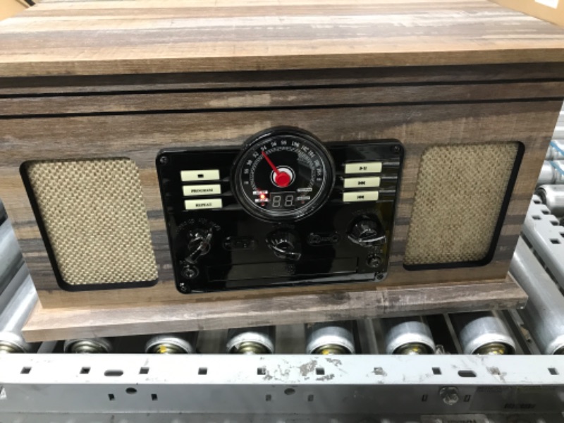 Photo 2 of *DAMAGED* Victrola Nostalgic 6-in-1 Bluetooth Record Player & Multimedia Center & Cassette Player, AM/FM Radio | Wireless Music Streaming | Farmhouse Shiplap Grey & Wooden Record Crate, Wood Color Farmhouse Shiplap Grey Entertainment Center + Record