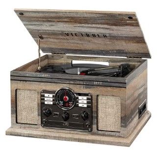 Photo 1 of Victrola Nostalgic 6-in-1 Bluetooth Record Player & Multimedia Center & Cassette Player, AM/FM Radio | Wireless Music Streaming | Farmhouse Shiplap Grey & Wooden Record Crate, Wood Color Farmhouse Shiplap Grey Entertainment Center + Record