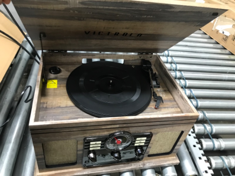 Photo 3 of *DAMAGED* Victrola Nostalgic 6-in-1 Bluetooth Record Player & Multimedia Center & Cassette Player, AM/FM Radio | Wireless Music Streaming | Farmhouse Shiplap Grey & Wooden Record Crate, Wood Color Farmhouse Shiplap Grey Entertainment Center + Record