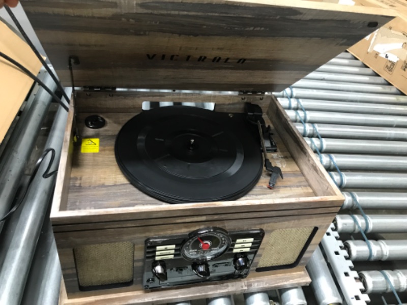 Photo 3 of Victrola Nostalgic 6-in-1 Bluetooth Record Player & Multimedia Center & Cassette Player, AM/FM Radio | Wireless Music Streaming | Farmhouse Shiplap Grey & Wooden Record Crate, Wood Color Farmhouse Shiplap Grey Entertainment Center + Record