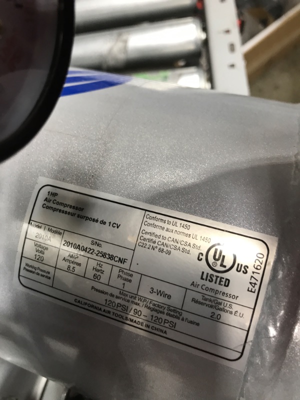 Photo 4 of ***TESTED WORKING*** California Air Tools 2010A Ultra Quiet and Oil-Free 1.0 HP 2.0-Gallon Aluminum Tank Air Compressor,Silver & Accessory Kit, 17 Piece Compressor Inflation Kit 1.0 Hp & 2.0 Gal Air Compressor + Kit, 17 Piece