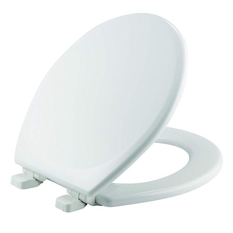 Photo 1 of ***MAJOR DAMAGE/SEE PHOTOS***MAYFAIR 843SLOW 000 Lannon Toilet Seat will Slow Close and Never Loosen, ROUND, Durable Enameled Wood, White White 1 Pack Round Toilet Seat