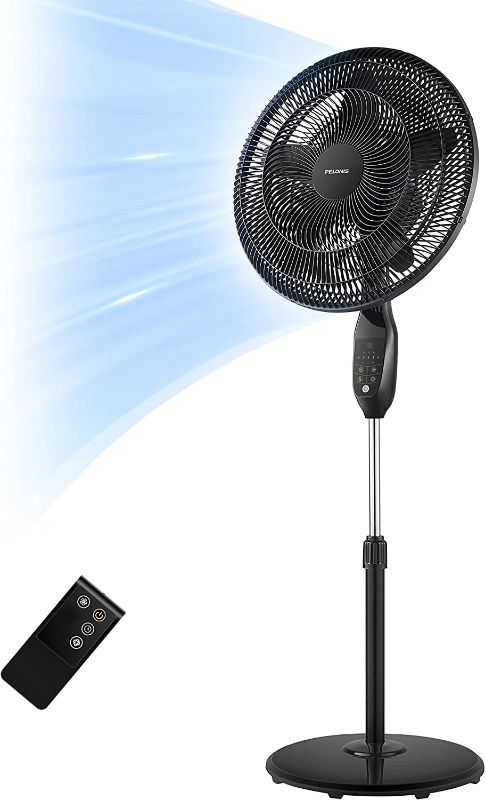 Photo 1 of PELONIS PFS45A5BBB 18 inch 5-Blade Oscillating, Adjustable Standing Pedestal Remote, LED Display, 5 Speed Setting and 7-Hour Timer Fan, Black
