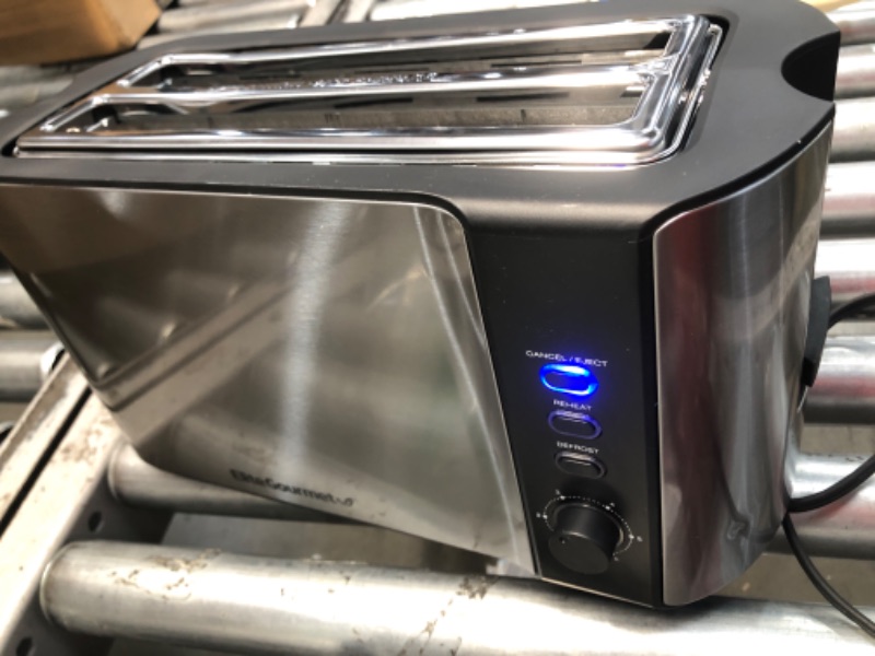 Photo 2 of **MINOR DAMAGE** Elite Gourmet ECT-3100 Long Slot 4 Slice Toaster, Reheat, 6 Toast Settings, Defrost, Cancel Functions, Built-in Warming Rack, Extra Wide Slots for Bagels & Waffles, Stainless Steel & Black 4 Slice Stainless Steel and Black