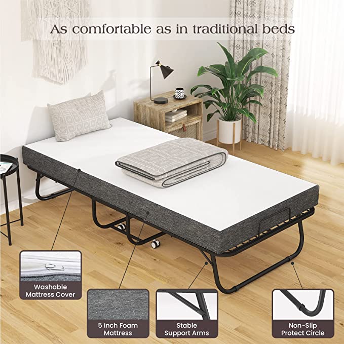 Photo 1 of (MATTRESS ONLY; MISSING BEDFRME) Karcog Folding Bed with Mattress, Rollaway Bed Storage Cover Included, Portable Foldable Guest Bed for Adults, Cot Size Fold up Bed with Memory Foam Mattress and Metal Frame on Wheels - 75” x 31"
