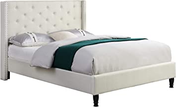 Photo 1 of (INCOMPLETE; NOT FUNCTIONL; BOX1OF2; REQUIRES BOX2 FOR COMPLETION) Home Life Premiere Classics Cloth Light Beige Cream Linen 51" Tall Headboard Platform Bed with Slats Queen