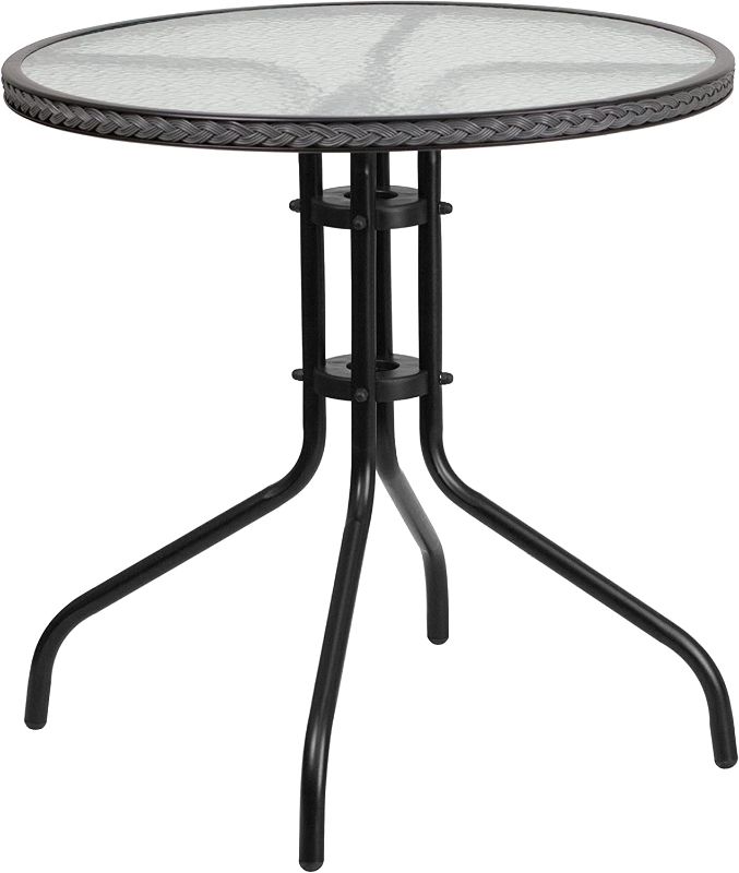 Photo 1 of (SCRATCHED/DENTED) Flash Furniture 28'' Round Tempered Glass Metal Table with Gray Rattan Edging