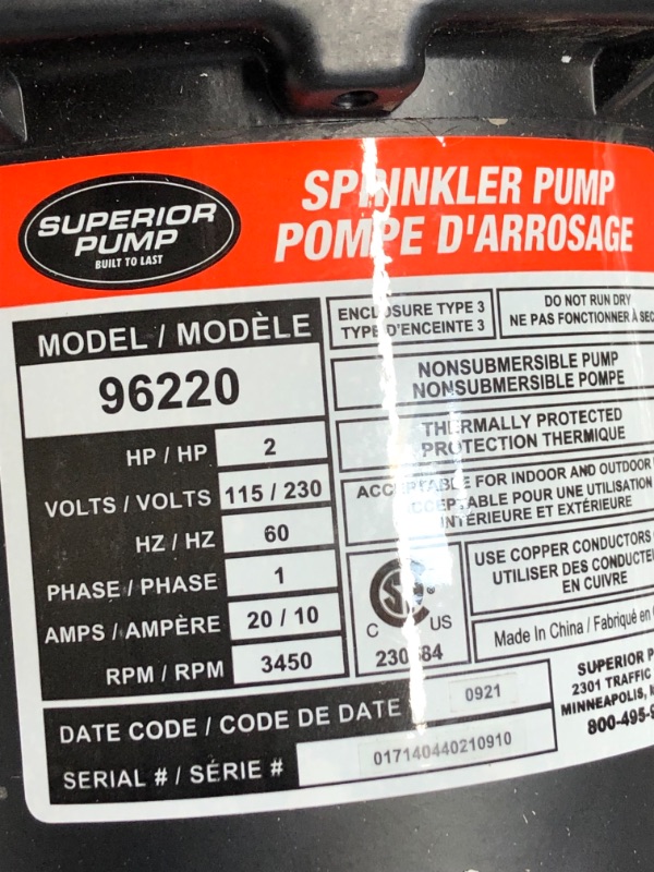 Photo 5 of *SRATCHED*
Superior Pump Cast Iron Sprinkler Pump 5340 GPH, 2 HP, Model 96220
