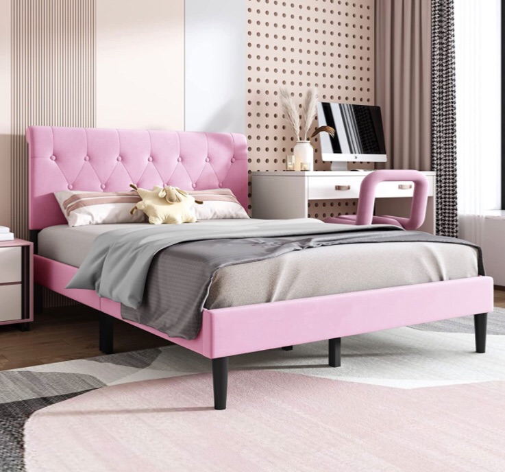 Photo 1 of *FULL 54 X 75*
Upholstered Platform Bed Frame with Headboard/Steel Wood Slat Support/Mattress Foundation/No Box Spring Needed/Easy Assembly Pink,Full