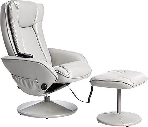 Photo 1 of **OPENED**
JC HOME Drammen Massaging Leather Recliner and Ottoman with Leather-Wrapped Base, Light Grey
