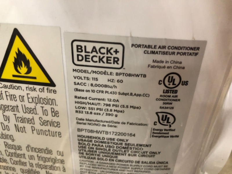 Photo 3 of **cooler only**
BLACK+DECKER BPT08HWTB Portable Air Conditioner with Heat, 8,000 BTU SACC/CEC (12,500 BTU ASHRAE), Cools Up to 350 Square Feet, White
