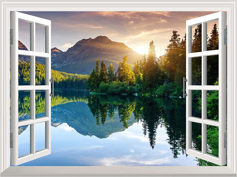 Photo 1 of wall26 A Peaking View Through The Forest of The Morning Sunrise - Wall Mural, Removable Sticker, Home Decor - (36"x48", Lake and Mountains)
