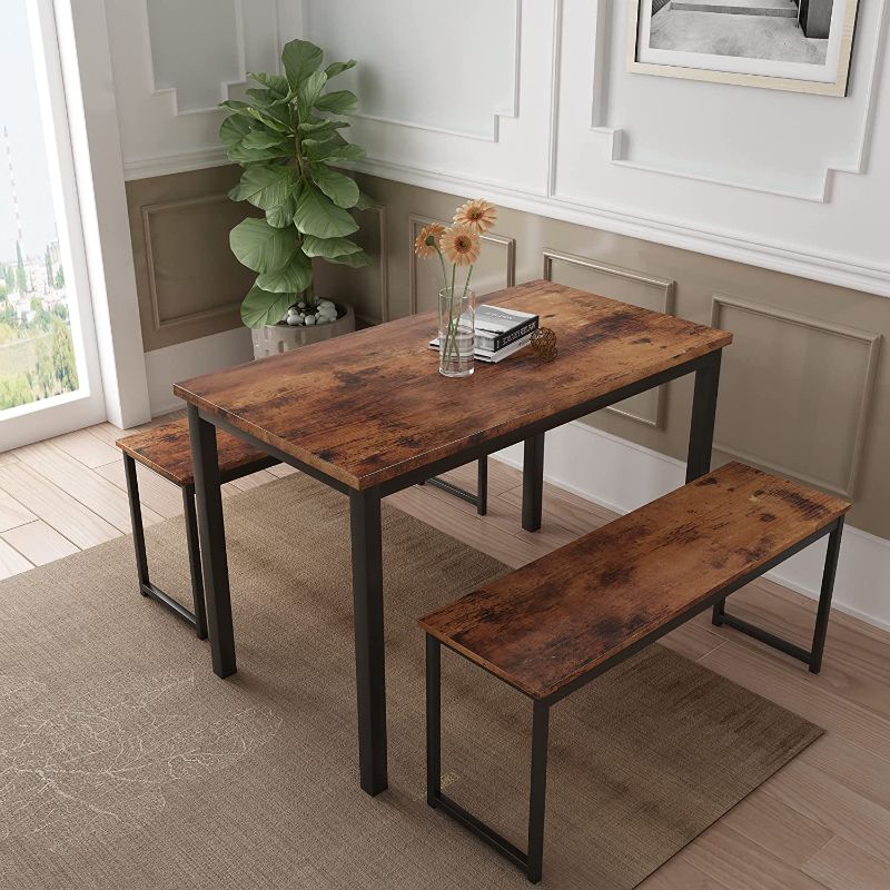 Photo 1 of AWQM Dining Room Table Set, Kitchen Table Set with 2 Benches, Ideal for Home, Kitchen and Dining Room, Breakfast Table of 47.2x28.7x28.7 inches, Benches of 40.5x11.0x17.7 inches, Rustic Brown
