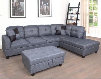 Photo 1 of 3 PC Sectional Sofa Set, Gray Linen Right -Facing Chaise with Free Storage Ottoman
(Incomplete - Box 1 of 3 Only)