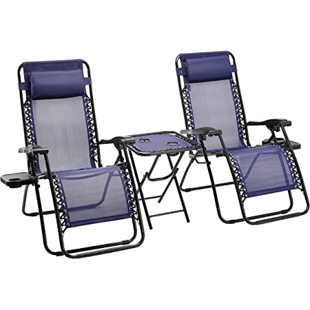 Photo 1 of (MISSING ONE CHAIR; SANDY) Amazon Basics Textilene Outdoor Adjustable Zero Gravity Folding Reclining Lounge Chair with Side table and Pillow - Pack of 2, Blue
