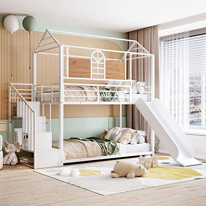 Photo 1 of (INCOMPLETE; NOT FUNCTIONAL; BOX2OF2; REQUIRES BOX1 FOR COMPLETION) Twin Bunk Beds with Stairs and Storage, Metal Twin Over Twin Bunk Bed with Slide, Low House Bunk Beds for Kids Girls Boys, White
