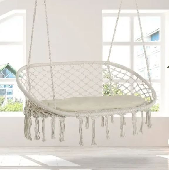 Photo 1 of (MISSING CUSHION) Outsunny 2-Person Hammock Chair Macrame Swing with Soft Cushion, Hanging Cotton Rope Chair for Indoor Outdoor Home Patio Backyard, White
