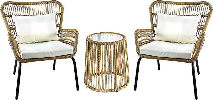 Photo 1 of (DENTED ARMREST/LEGS; BROKEN RATTAN; MISSING GLASS/CUSHIONS) Amazon Basics Outdoor All-Weather Woven Faux Rattan High Back Chair Set with Cushions and Side Table, Natural - 3-Piece Set
