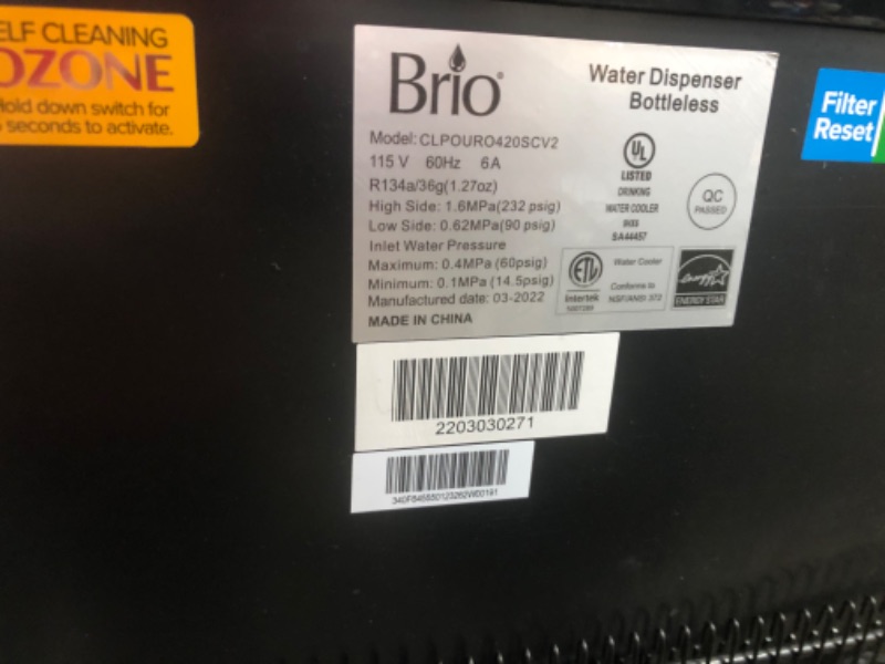 Photo 3 of (BROKEN ATTACHMENT; WATER WITHIN INTERIOR) Brio Commercial Grade Bottleless Ultra Safe Reverse Osmosis Drinking Water Filter Water Cooler Dispenser-3 Temperature Settings Hot, Cold & Room Water - UL/Energy Star Approved – Point of Use
