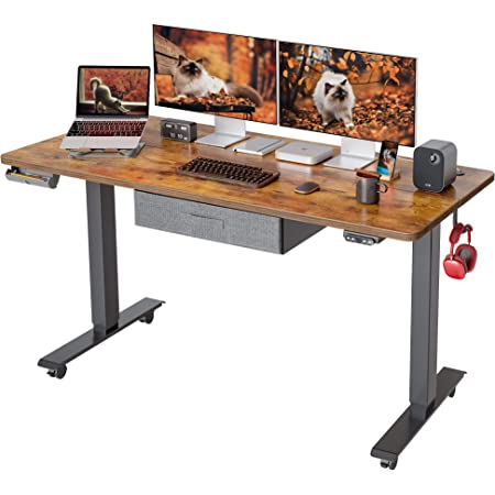 Photo 1 of 63 x 24 Inches Standing Desk with Drawer, Adjustable Height Electric Stand up Desk, Sit Stand Home Office Desk, Ergonomic Workstation Black Steel Frame/Rustic Brown Tabletop