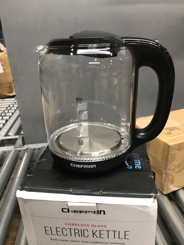 Photo 2 of *MISSING BASE* Chefman 1.7 Liter Electric Glass Tea Kettle, Fast Hot Water Boiler, One Touch Operation, Boils 7 Cups, Swivel Base & Cordless Pouring, Auto Shut-Off Glass Electric Kettle